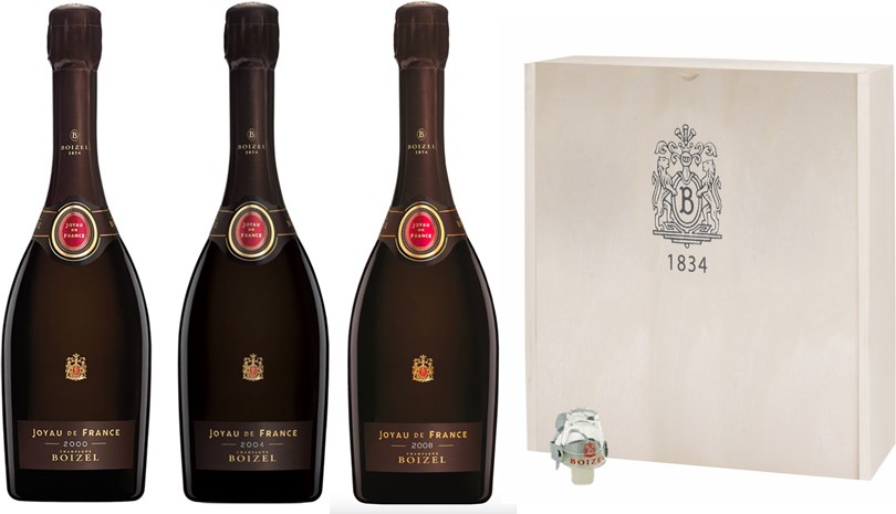 Champagne Boizel Joyau de France 2000, 2004 & 2008, Trälåda & Stopper 